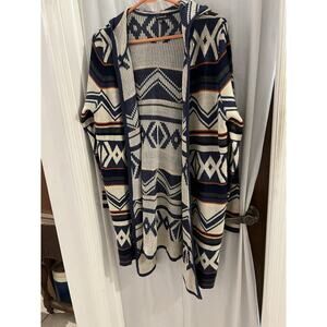 Hannah Blue Cream Aztec Print Long Line Hooded Open Cardigan Sz L